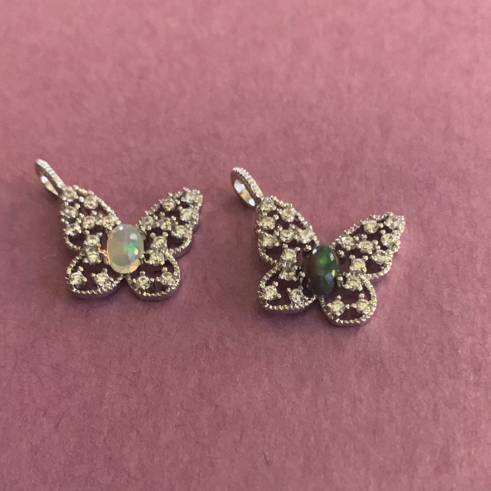 Butterfly Opal and Crystal Pendant - Silver Tone